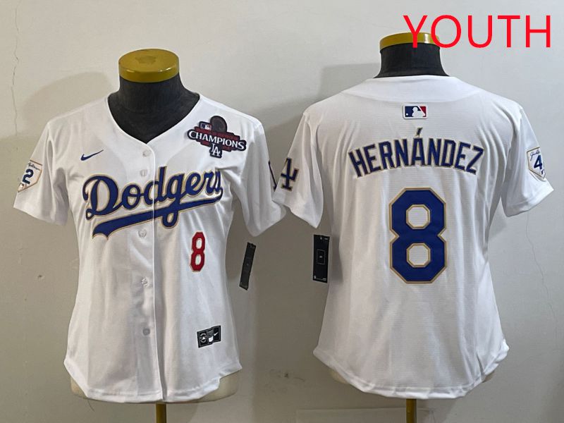 Youth Los Angeles Dodgers #8 Hernandez White Gold Game 2025 Nike MLB Jersey style 2->youth mlb jersey->Youth Jersey